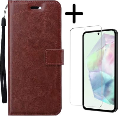 Hoesje Met Screenprotector - Geschikt voor Samsung Galaxy A35 - Luxe Pasjeshouder - Bookcase Portemonee - Flip Case - Kunstleer Book Case - Flipcase - Book Cover - Walletcase - Portemonneehoes - Bruin