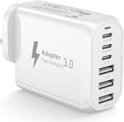 Thijox - Reisadapter UK-stekker met 3 USB-C poorten en 3 USB-A poorten, 60 W, type G, ideale reisadapter voor Groot-Brittannië, Ierland, Maleisië en m
