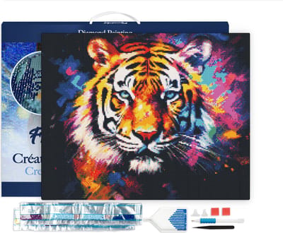Figured'Art Diamond Painting set Volwassenen 40x50 cm met lijst Kleurrijke Abstracte Tijger - 5D DIY Art full drill vierkante diamant - Canvas al ingelijst