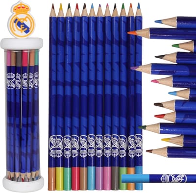 Real Madrid Kleurpotloden voor kinderen, houten schoolpotloden voor spelers, set van 12 kleuren in een koker