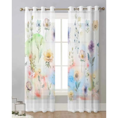 Waterverf Bladeren Planten Bloemen Vlinders Doorschijnende Gordijnen Woonkamer Raamopening Helder Voile Tule Gordijnen Home Decor W65X60H(cm)X2Pcs&Hook