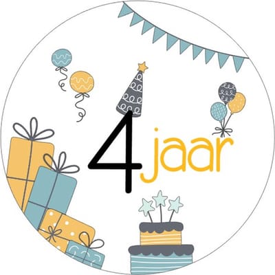 20x Sluitsticker 4 Jaar - Geel Blauw - 40 mm - Verjaardags sticker - Sluitzegel - Sticker Verjaardag jongens meisjes - Ballonnen - Cadeau's Kado's - Glossy - Sluitzegel - Wensetiket - Uitdelen - Jarig - Trakteren - Hoera