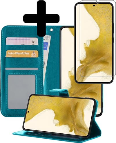 Hoesje - Met Screenprotector - Geschikt voor Samsung Galaxy S22 - Luxe Pasjeshouder - Bookcase Portemonee - Flip Case - Kunstleer Book Case - Flipcase - Book Cover - Walletcase - Portemonneehoes - Telefoonhoesjes - Turquoise