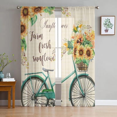 Zonnebloem Bike Farm Tule Gordijnen voor Woonkamer Keuken Slaapkamer Pure Tule voor Cafe Hotel Modern Home Decor 135W x 114H(cm) beige