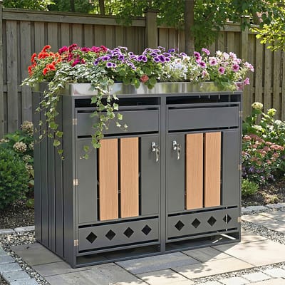 MIVRAY Afvalkast Met Twee Vakken En Plantenbak Van Verzinkt Staal Grijs Houtnerf Voor Tuin En Buitenruimte