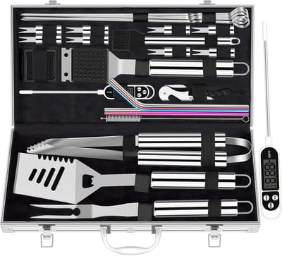 Famanu Extra dikke RVS grillset voor mannen, set van grilaccessoires voor BBQ in achtertuin, cadeauset met grilltools, met vleesthermometer, in aluminium koffer, 26 stuks, zilver