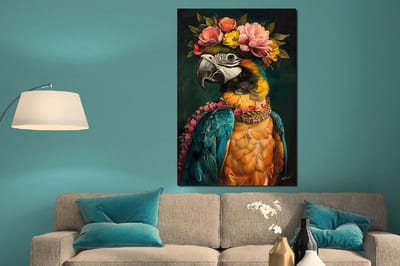 Glasschilderij Papegaai Ara met bloemen