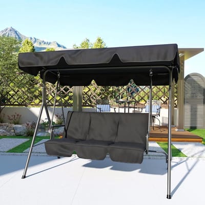 3-zits schommelstoel voor op het terras - Weerbestendige schommelstoel voor buiten - Verstelbare kap - Stevig stalen frame - Ademende stof, armleuningen, draagvermogen 272 kg - Zwart