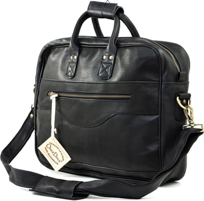 Laptoptas Schoudertas Zwart ECHT LEER - Messengertas ‘Montevideo’ 15 inch – 38x28x10 cm – Unisex - OnceDoce® Urban Chique – Model nr 0338