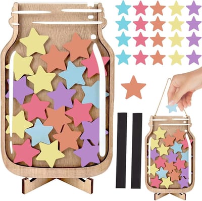 Beloningsglas voor kinderen met houten houder en 30 sterren, ideaal voor klaslokaal en thuis, stimuleert motivatie en beloningssysteem (14,5 x 21 cm)