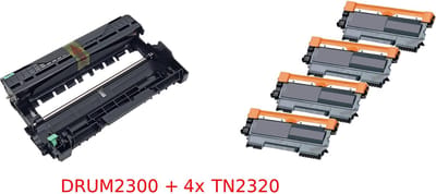 KATRIZ® huismerk 1x DRUM DR2300 + 4x TONER TN2320 | Geschikt voor Brother DCP L2500D/DCP L2540DN/HL-L2300D/HL-L2320D/HL-L2340DW/HL-L2365DW/FC L2700DW/MFC L2740DW | 5 stuks