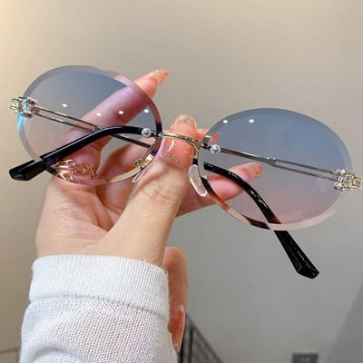 Metalen Ovale Zonnebril Vintage Verloopglazen UV400 Bescherming Punk Zonnebril Randloos Montuurloos Schaduwen voor Dames & Heren Blue Pink gray