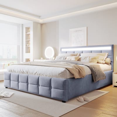 MODFU Bedframe 180x200 cm – Gestoffeerd grijs fluweel – Met LED-verlichting & hydraulische opbergruimte – Incl. lattenbodem