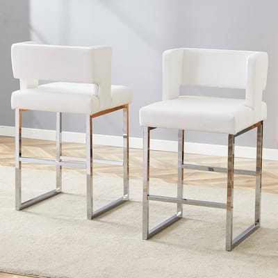 Eetkamerstoelen - Set Van 2 - Gestoffeerde eetkamerstoel - Eettafelstoel - Eetkamerstoelen - Stoel - PU - Metalen stoelpoten - Vierkant ontwerp - Modern Design - Wit, zilver