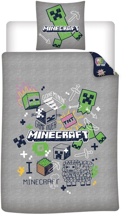 Kinderbeddengoed Minecraft Doodle 140x200 cm + Sloop 63x63 cm 100% Polyester Omkeerbaar | Creeper Gone Minin'