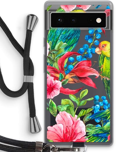Case Company® - Hoesje met koord geschikt voor Google Pixel 6 hoesje met Koord - Papegaaien - Telefoonhoesje met Zwart Koord - Bescherming aan alle Kanten en Over de Schermrand