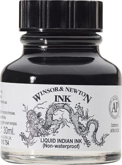 Winsor & Newton 1010754 Liquid Indian Ink 30 ml – Tekentint, snel drogend, voor penseel, pen en airbrush