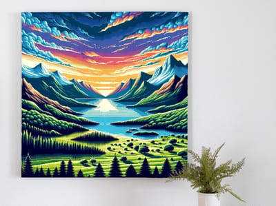 Pixel art landschap schilderij | Digitale landschappen: een magisch pixelavontuur in kunstvorm | Kunst - 80x80 centimeter op Forex | Foto op Forex