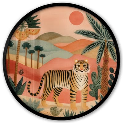 Poster in lijst Rond - Fotolijst 40x40 cm - Posters - Tijger - Palmen - Cactus - Oranje - Ronde posterlijst zwart - Decoratie - Wanddecoratie woonkamer - Muurdecoratie slaapkamer