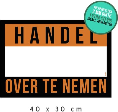 Mededeling/ bord | "Handel over te nemen" | 40 x 30 cm | Overname | Pensioen | Retail | Immo | Vastgoed | Stevig bord | Handelspand | Honinggraat | Winkel | 1 stuk