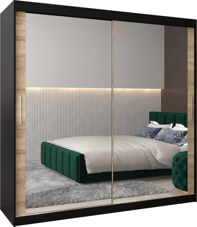InspireMe - Kledingkast met 2 schuifdeuren, Modern-stijl, Kledingkast met planken (BxHxD): 200x200x62 - TORM III 200 Zwart Mat + Sonoma Eik