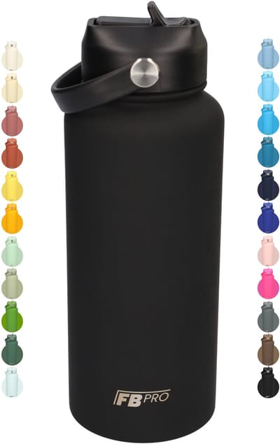 Thermos waterfles 1 liter - Isolerende Waterfles met Draaibare Drinktuit - Houdt Koud Drinken Écht KOUD - Black - Drinkfles voor Volwassenen met Handvat - Zwart