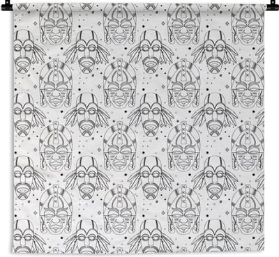 Wandkleed - Wanddoek - Inca - Maskers - Patroon - Zwart-wit - 180x180 cm - Wandtapijt