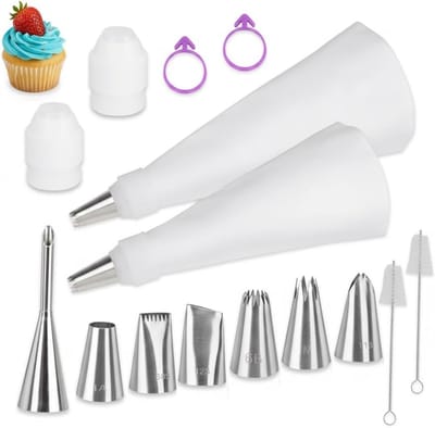 15-stuks set - herbruikbare spuitzakken en spuitmondjes - Katoenen bakset met koppeling - roestvrijstalen spuitmondjes en reinigingsset voor het decoreren van taarten/cupcakes/koekjes