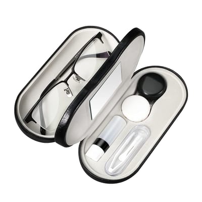 longziming -2-in-1 Brillenetui met Contactlenshouder – Leren Etui met Spiegel, Inclusief Lensaccessoires & Beschermende Voering – Compact en Ideaal voor Reizen