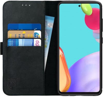 Rosso Deluxe Echt Leer Book Case Hoesje Geschikt voor Samsung Galaxy A52 / A52S | Ruimte voor drie pasjes | Portemonnee Book Case | Met Pasjeshouder | Zwart