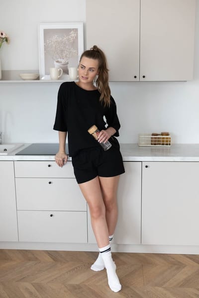 Dames pyjama Dag & Nacht-oversized top & short-duurzaam katoen-lounge set-zwart-maat XS/S