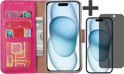 Hoesje met Privacy Screenprotector Geschikt voor iPhone 15 Plus – Arara bookcase met pasjeshouder - Roze