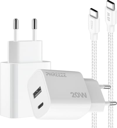 Phreeze usb C adapter 20 W met usb C naar usb C kabel 1 meter - Snellader voor A56 S25 S24 S23 S22 S21 S20 A36 A16 en Tab S9 - Met 2 poorten