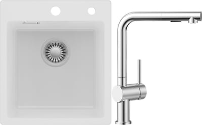 Auralum max Spoelbak voor keuken 40x45CM - Graniet Spoelbakken Met Uittrekbare Uitloop Keukenkraan - Enkele spoelbak Wit - Met waterafvoersysteem - Voor 40 cm kast