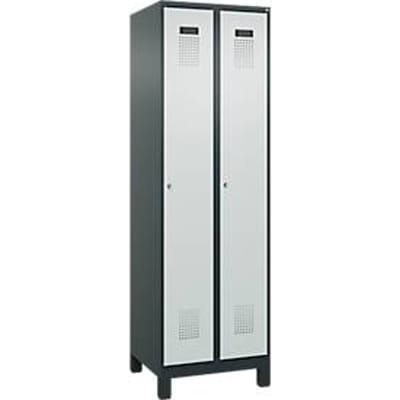 C+P Evolo Plus garderobekast, 2 vakken, 300 mm vakbreedte, met poten, rechts scharnierend, cilinderslot, B 600 x D 500 x H 1950 mm, antracietgrijs/lichtgrijs