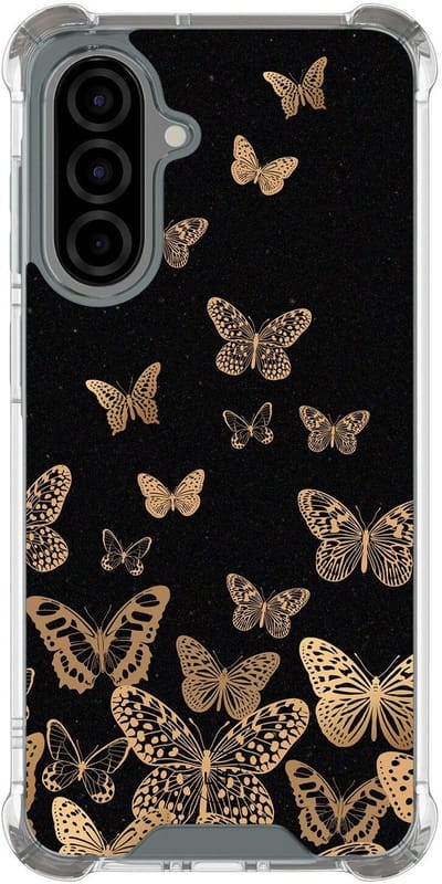 Shockproof hoesje - Geschikt voor Samsung Galaxy A36 - Vlinders - Extra sterke case - TPU/polycarbonaat - Print / Illustratie - Zwart, Goud, Transparant