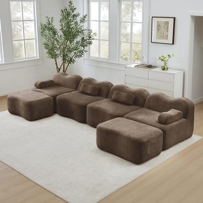 BLACKCOLORS Modulaire U-vormige 4-zitsbank met 2 chaise longues, golvende vorm, schuim met hoge dichtheid 32D, afneembare armleuningkussens, zachte stof, voor woonkamer, bruin