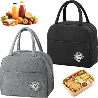 Cooler Bag - Kleine Reis Lunch Tas - 7L Vouwbare Koeltas met Folie Liner - Zwart en Grijs Thermo Tas voor Voedsel - Lunchtas voor School - Picknick - Reis - Kantoor - Set van 2