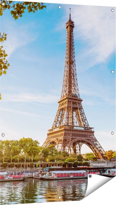 Gards Tuinposter Eiffeltoren in Parijs aan het Water - 80x120 cm - Tuindoek - Tuindecoratie - Wanddecoratie buiten - Tuinschilderij