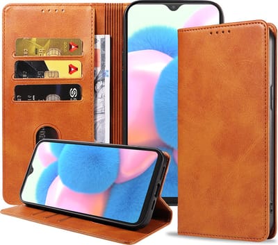 Smartphonica Samsung Galaxy A30s leren hoesje met magnetische sluiting en pashouders – Bruin geschikt voor Samsung Galaxy A30s