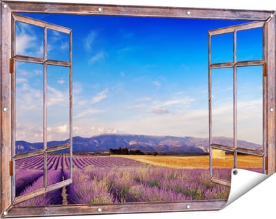 Gards Tuinposter Doorkijk Raam met Lavendel Veld - 120x80 cm - Tuindoek - Tuindecoratie - Wanddecoratie buiten - Tuinschilderij