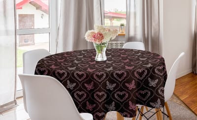 ABAKUHAUS roze damastronde tafelkleed, vlinderhartjes bloemen, cirkelvormige tafelkleed voor eetkamerkeukendecoratie, 150 cm, zegel bruin pastel roze