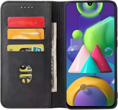 Smartphonica Samsung Galaxy M21 kunstleren hoesje met magnetische sluiting en pashouders book case - zwart geschikt voor Samsung Galaxy M21