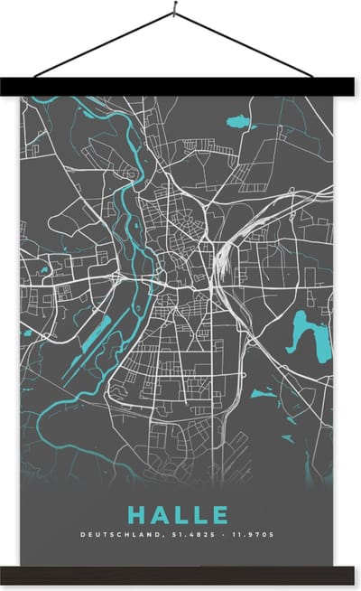 Posterhanger incl. Poster 40x60 cm - Schoolplaat - Stadskaart – Plattegrond – Duitsland – Blauw – Halle – Kaart - Textielposter - Zwarte latten - Stadskaart