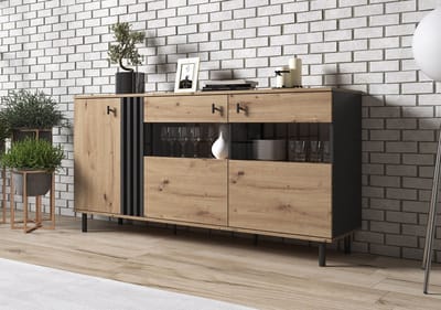 Meubella - Dressoir Marcos - Eiken - Antraciet - 165 cm - met glas
