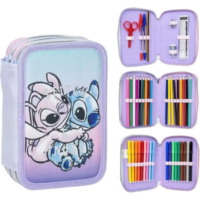 Stitch & Angel etui voor meisjes – 44-delig tekenetui – 3-vaks gevuld met potloden, stiften en accessoires – School & Knutselen