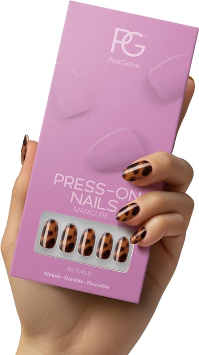Pink Gellac Press On Nails - 2007 Tortoise Touch - Round Medium Plaknagels - 30 Press On Nagels Met Lijm, 30 Plakstickers, Cleaner Wipe, Nagelvijl, Woodstick en Size Matcher - Snel Aan Te Brengen Plak Nagels - Voor 7-14 Dagen Mooie Nagels