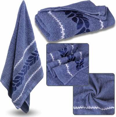Blauwe Katoenen Handdoek met Decoratief Borduursel, Badhanddoek Bladeren, zacht, compact formaat 70x135 cm