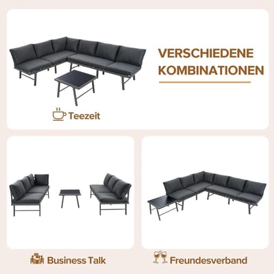 Tuinmeubelset 6 Personen Loungeset L-Vorm 240x200 cm – Luxe Hoekbank met Kussens, 2 Tafels (Marmer- & Houtlook), Verstelbare Poten & Verzinkt Stalen Frame – Weerbestendige Outdoor Lounge Set voor Tuin, Terras & Balkon – Beige – Laura