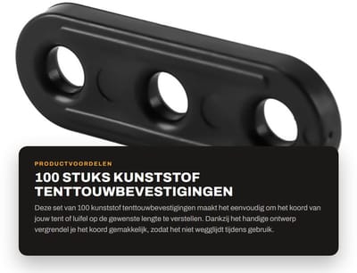 Dailygoods- Tenttouwbevestigingen 100 stuks - Kunststof Koordspanners - Stevige Verstellers - Gebruiksvriendelijk - Voor Buitenactiviteiten - Afmetingen 38 x 13 x 3,5 mm - Koordspanner